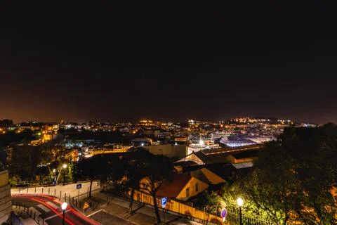 Panoramic view over Lisbon at night, Portugal Stock Photos