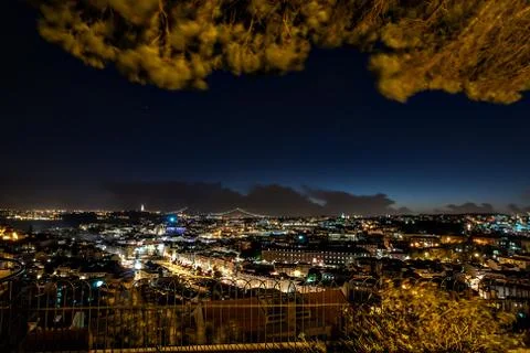 Panoramic view over Lisbon at night, Portugal Stock Photos
