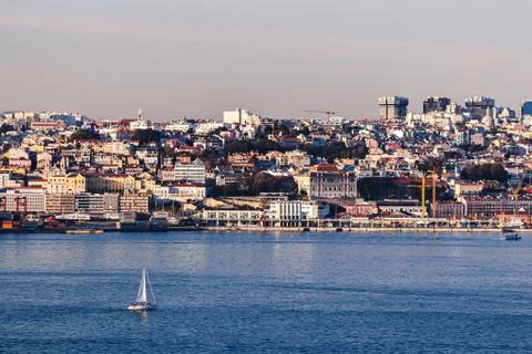 Panoramic view over Lisbon, Tagus river, Portuga Stock Photos