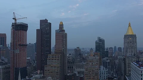 Panoramic View over Manhattan from Skyscraper Rooftop at blue hour Video stock 92578536