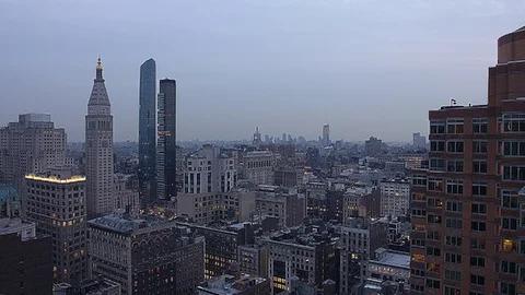 Panoramic View over Manhattan from Skyscraper Rooftop during dawn Video stock 92578571