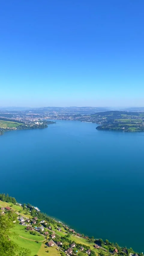 Panoramic View over Mountain and Lake Lucerne and City of Lucerne Stock Footage 203708314