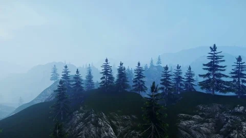 Panoramic view over mountains peaks,green pines Stock Footage 70671671