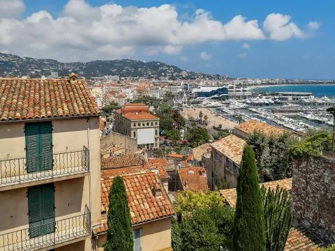 Panoramic view over Nice city, Mediterranean coast with yachts, observation w Stock Photos