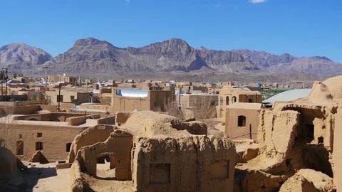 Panoramic view over the old city of Kharanaq, Yazd Province, Iran Stock Footage 73612547