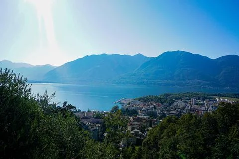Panoramic view over the old town of Locarno and the Lago Maggiore Stock Photos