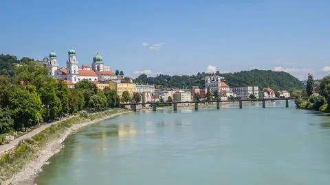 Panoramic View over Passau, Bavaria, Germany  Historic Old Town and Three R.. Stock Photos