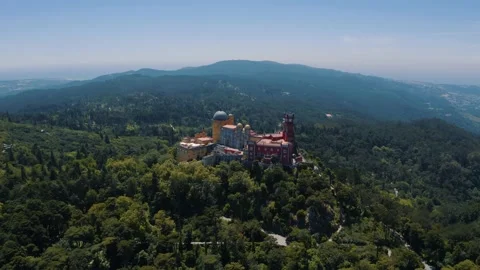 Panoramic view over of Pena Palace and National Park in Sintra, Portugal 4K Stock Footage 162958595