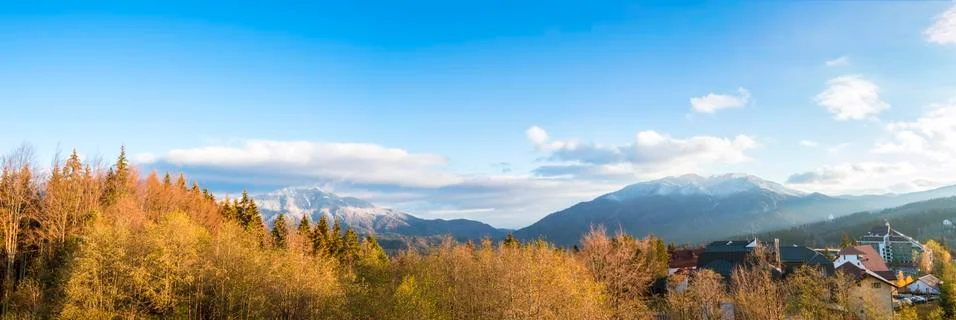 Panoramic view over Postavarului and Piatra Mare mountains seen from Predeal Stock Photos