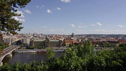 Panoramic View over Prague with Vltava River and Historic Skyline Stock Footage 313384740