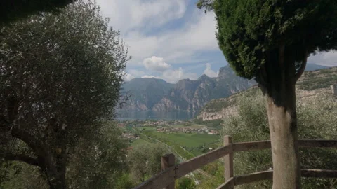 Panoramic View Over Riva del Garda Mountain Valley with Trees Stock Footage 344877994