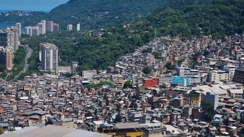 Panoramic view over Rocinha favela in Rio de Janeiro, Brazil, showing densely Stock-Footage 335296366