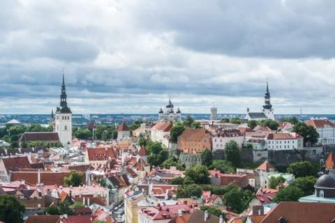 Panoramic view over the roofs of Old Town of Tallinn, Estonia. Stock Photos