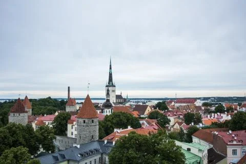 Panoramic view over the roofs of Old Town of Tallinn, Estonia. Stock Photos