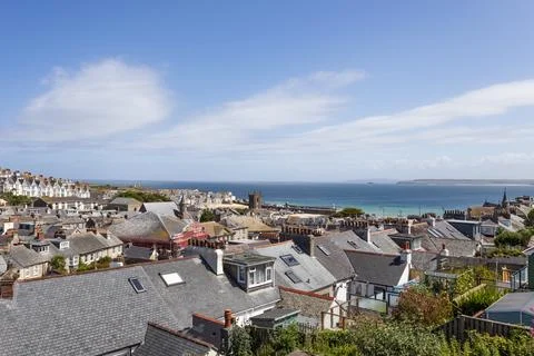 Panoramic view over the rooftops of St Ives in Cornwall 库存照片