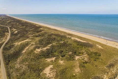 Panoramic view over sand dune along the Dutch North Sea coast, Netherlands Stock Photos