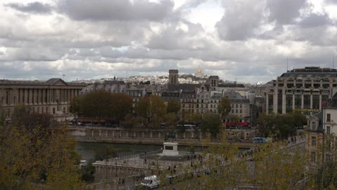 Panoramic view over the Seine River in Paris showing Pont Neuf bridge, the Stock Footage 320452111