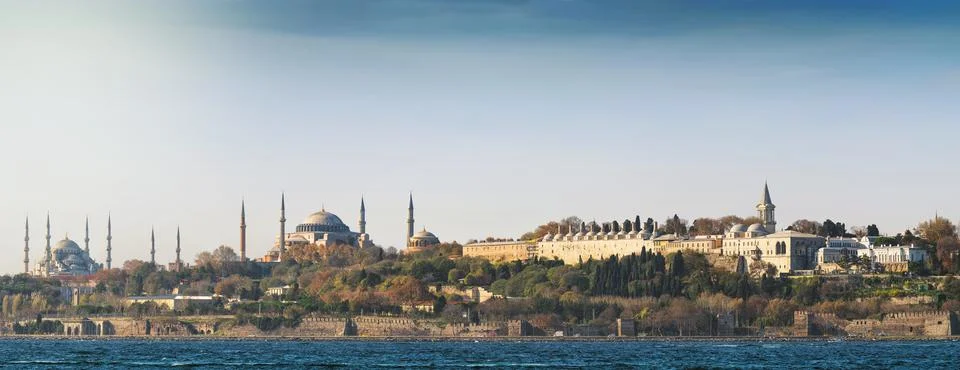 Panoramic view over topkapi palace and two mosques Stock Photos