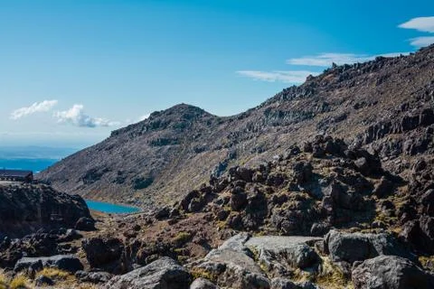 Panoramic view over valley from Mt Ruapehu. Tongariro National Park, New Zeal Stock Photos