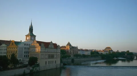 Panoramic view over Vltava river at early morning in Prague Stock Footage 65365597