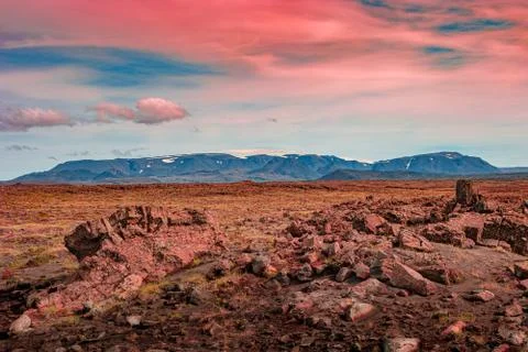 Panoramic view over volcanic reddish Martian landscape during sunset in Icela Stock-Fotos