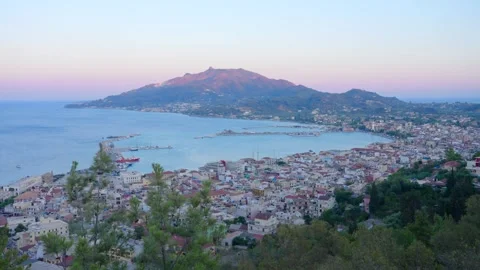 Panoramic view over Zakynthos town or city at sunset. Zakynthos island Stock Footage 284984583