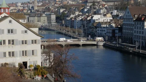 Panoramic view over Zurich's old historic town from Lindenhof Stock Footage 122399655
