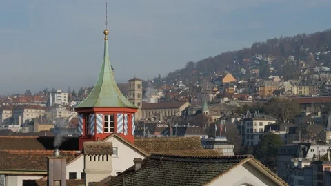 Panoramic view over Zurich's old historic town rooftops from Lindenhof Stock Footage 122405161