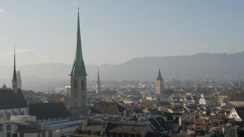 Panoramic view over Zurich's old town from the panorama terrace Stock Footage 122407417