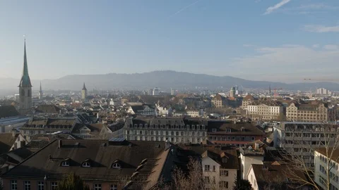 Panoramic view over Zurich's old town from the panorama terrace Stock Footage 122408036