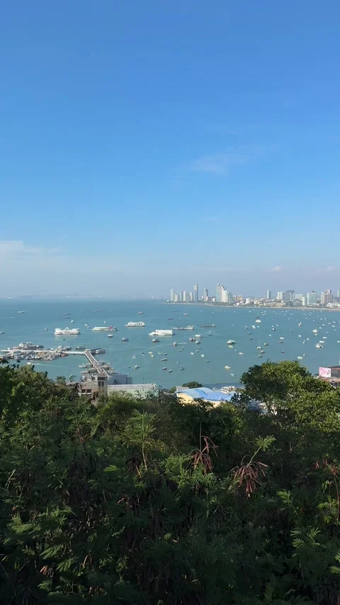 Panoramic view overlooking Pattaya Bay in Pattaya, Thailand Stock Footage 346246798