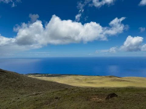 A panoramic view of the Pacific Ocean and grasslands from the summit of Mou.. Stock Photos