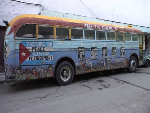 Panoramic view of painted bus Stock Footage 70951848