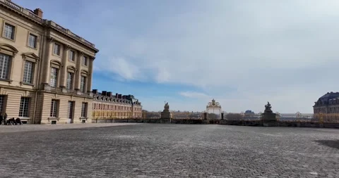 Panoramic View of Palace of Versailles Main Square with Facade and Golden Gate Stock Footage 320079027