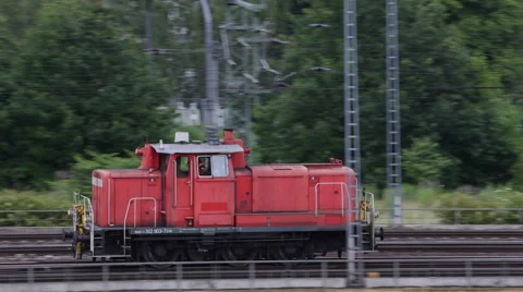 Panoramic View Pan Left Camera Follow Small Diesel Shunt Locomotive Passing Day Stockbeeldmateriaal 43009227