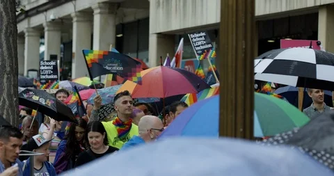 Panoramic View of Parade Moving And Celebrating At Pride Parade Celebrating Stock Footage 113518902