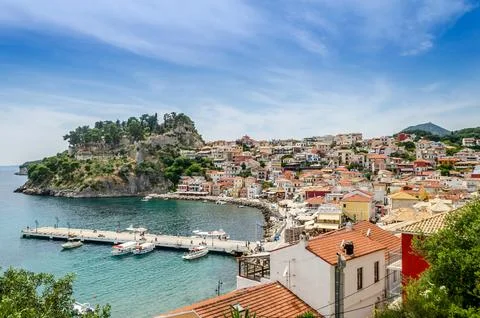 Panoramic View of Parga, Greece.  Charming Coastal Town with Traditional Houses Stock Photos