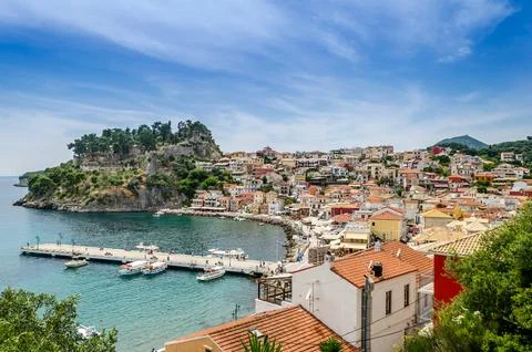 Panoramic View of Parga, Greece. Charming Coastal Town with a Castle Stock Photos