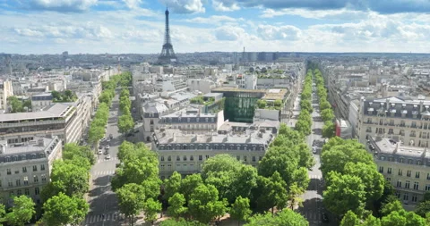 Panoramic view of Paris, Champs Elysees and the Eiffel Tower Stock Footage 91368804