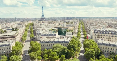 Panoramic view of Paris, Champs Elysees and the Eiffel Tower Stock Footage 126589352
