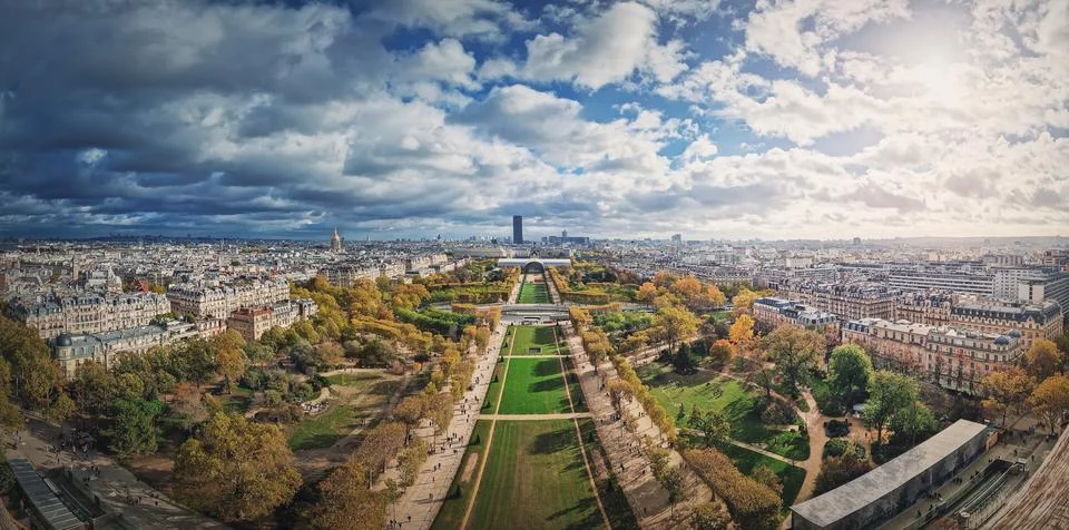 Panoramic view to the Paris cityscape from the Eiffel tower heights, France.. Stock Photos