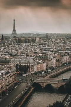Panoramic view of Paris, Eiffel tower and river Seine from the of Notre Dame Stock Photos