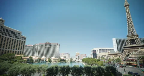 Panoramic view of Paris Las Vegas and Bellagio, on the Las Vegas Strip in Stock Footage 250682630