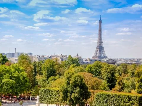 Panoramic view of Paris, view of the Eiffel Tower  from the distance Stock Photos