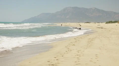 Panoramic View of Patara Beach with Sand Dunes, Mountains and Sea. Stock Footage 345275535