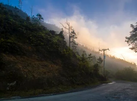 Panoramic view of a path within the mountains and trees of the Sierra Maestra Stock Photos