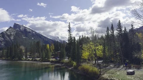 Panoramic View from Pauw's Bridge Over Bow River - Banff, Alberta Stock Footage 345451835
