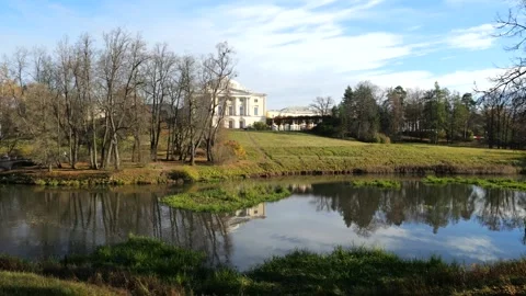 Panoramic view of Pavlovsk Palace from the side of Apollo colonnade Stock Footage 321187006