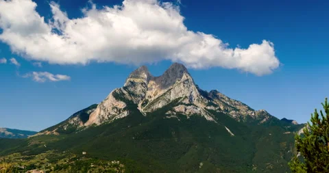 Panoramic view of "Pedraforca" Massif with fast movement of clouds. Hyperlapse Stock Footage 118601480