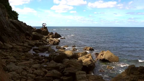 Panoramic view of the Peine del Viento sculpture in the city Stock Footage 135272668